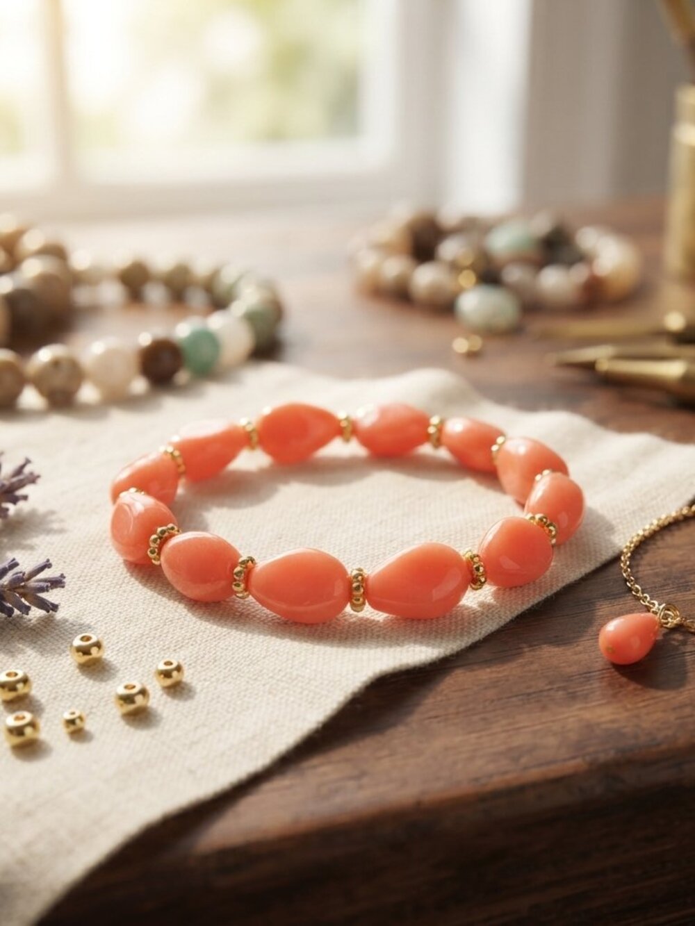 Bijou coral glass stretch bracelet with gold accents